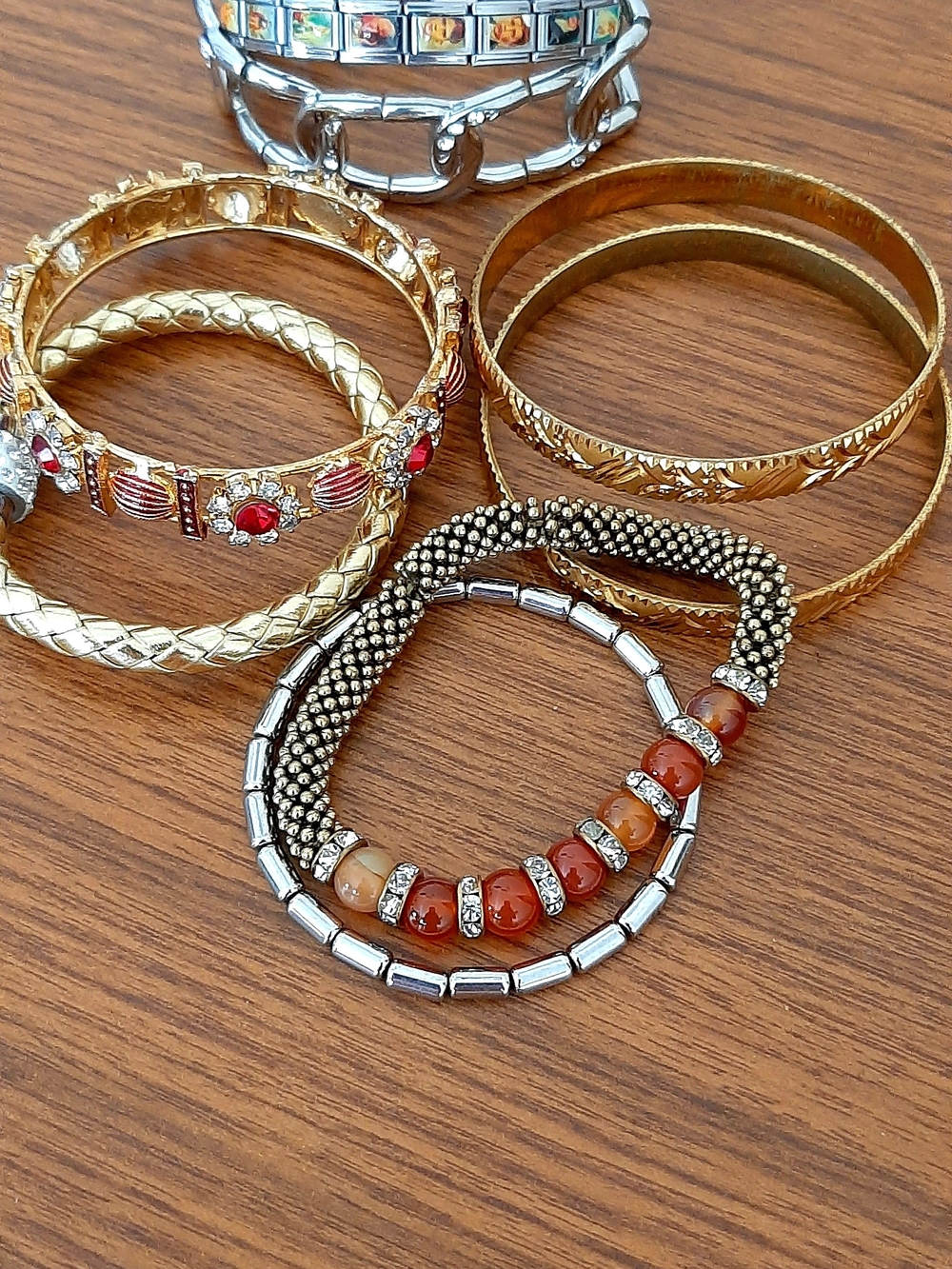 Multi-Stack Gold & Silver Women's Bracelet Set with Red Accents